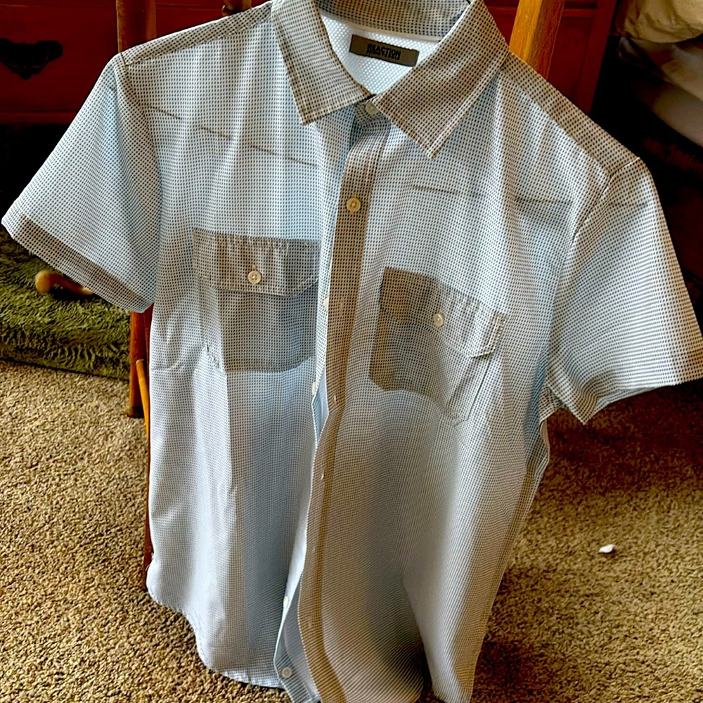 Men’s white and blue. Never worn. Double pockets